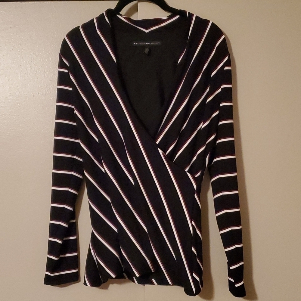 𝅺WHITE House Black Market Surplice Striped Top Sz S/P